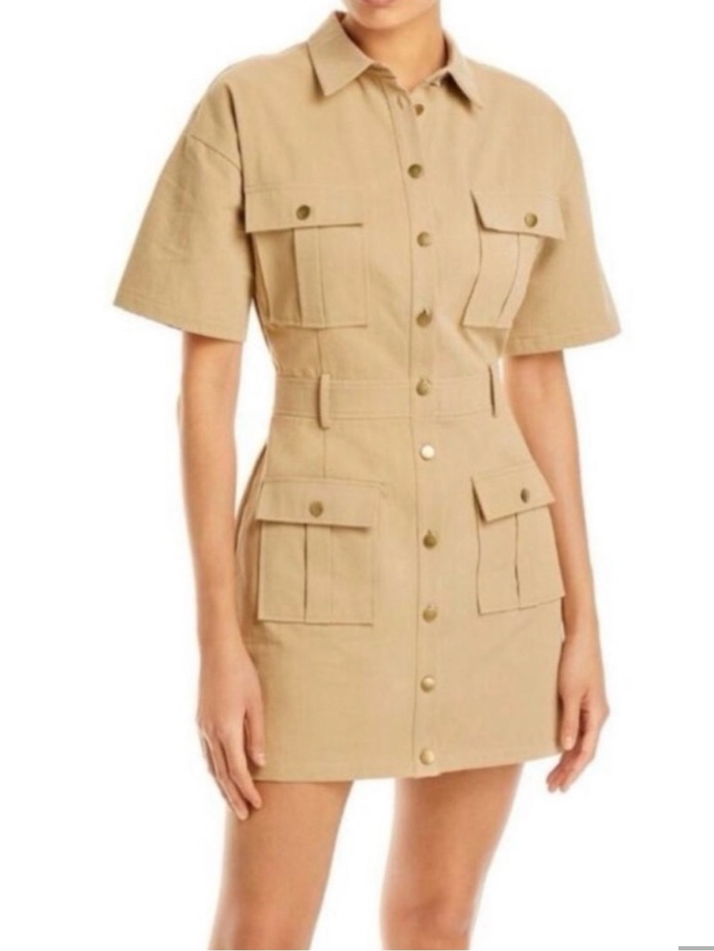 Khaki Short-Sleeve Utility Shirt Dress